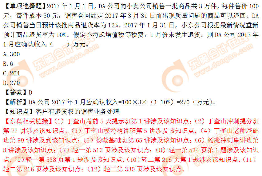 2018年税务师《财务与会计》单选题:退货的销售业务处理 2018年税务师《财务与会计》单选题:退货的销售业务处理