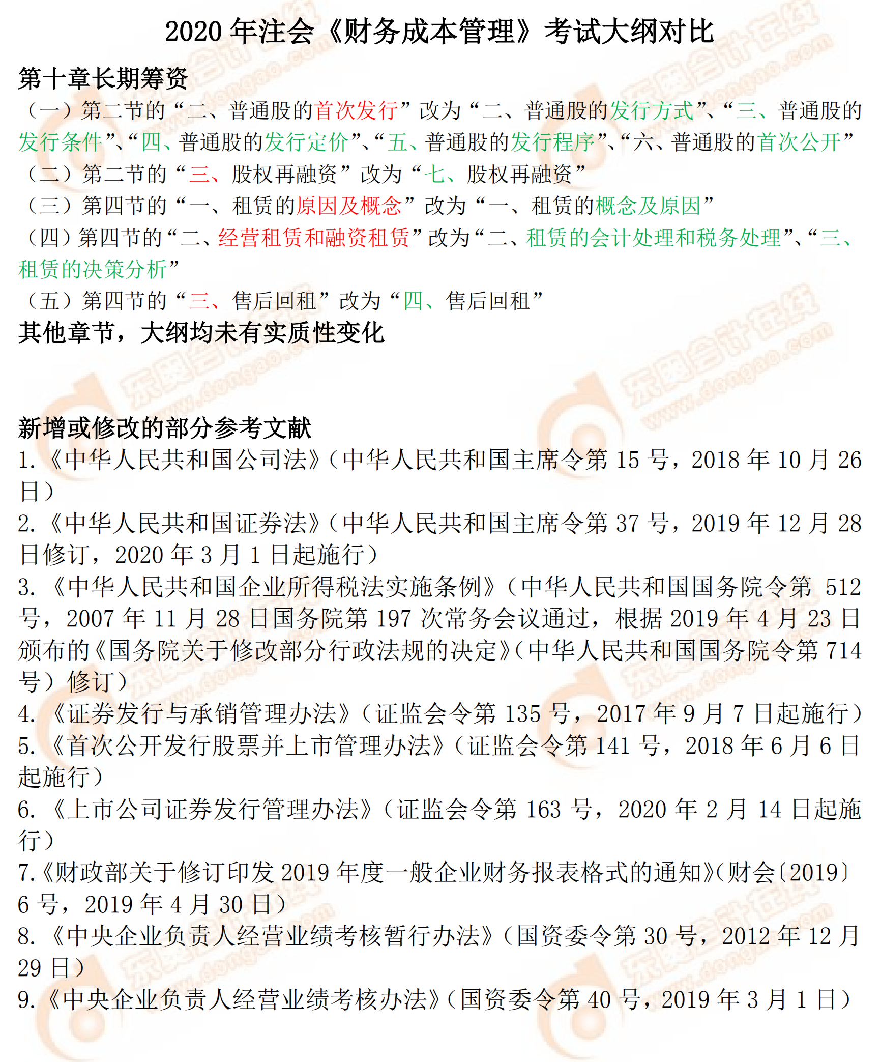 2020年注会专业阶段《财务成本管理》考试大纲对比