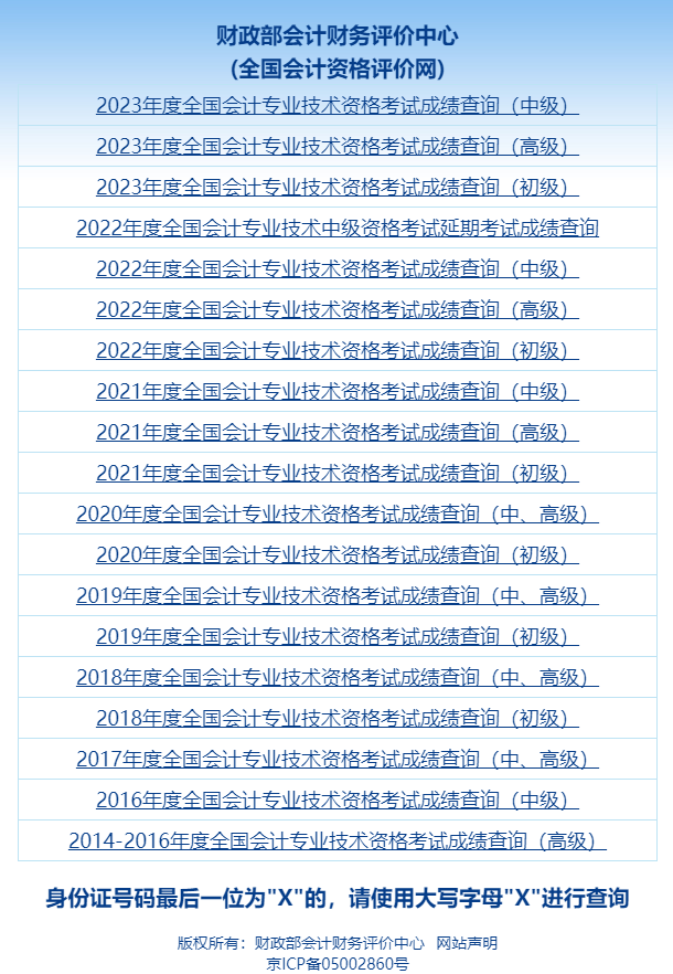 历年中级会计职称成绩查询入口